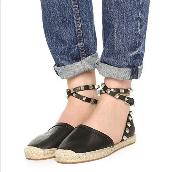Rebecca Minkoff Black Gilles Studded Ankle Strap Espadrille Flats - Picture 1 of 10